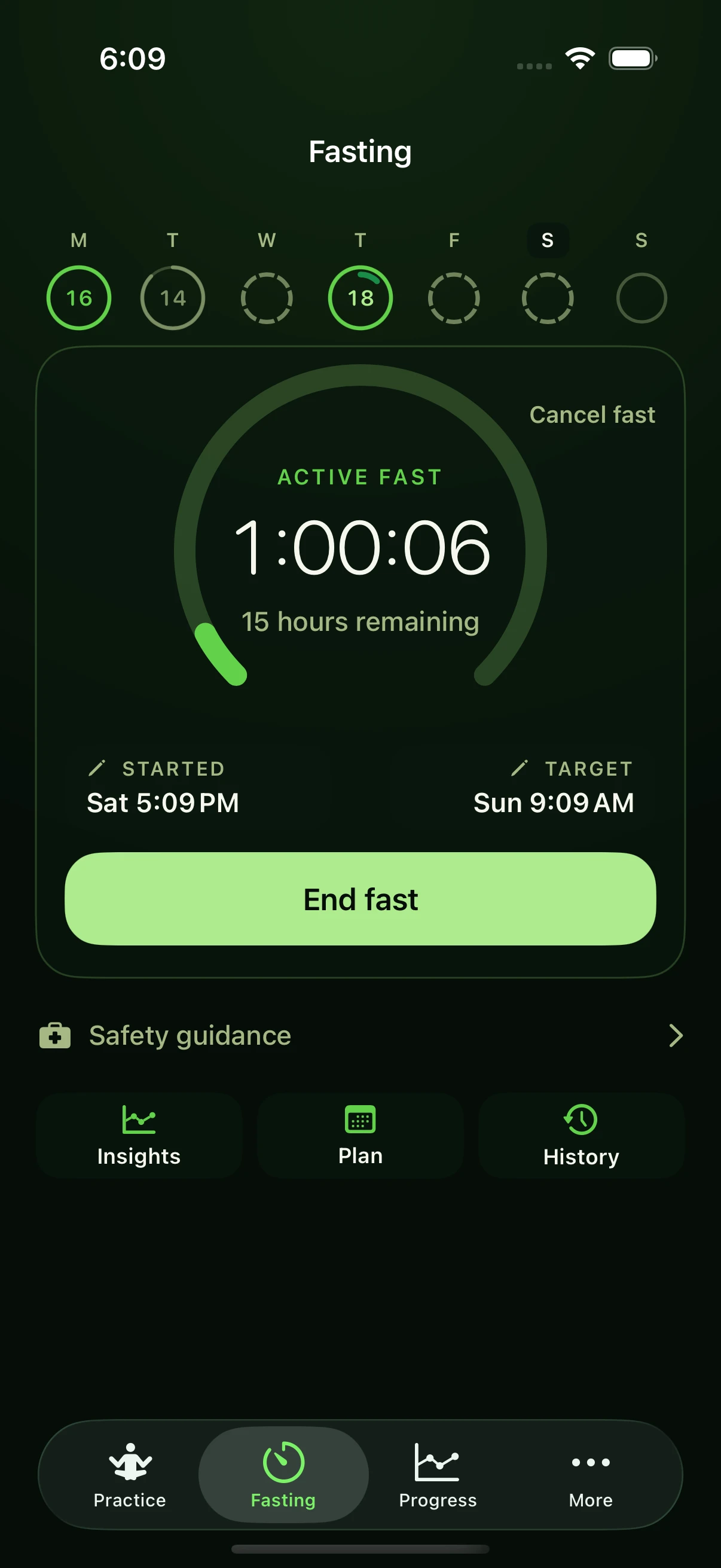 Actual Mambo Meadow fasting screen with an active timer, editable start and target times, and links to history and safety guidance