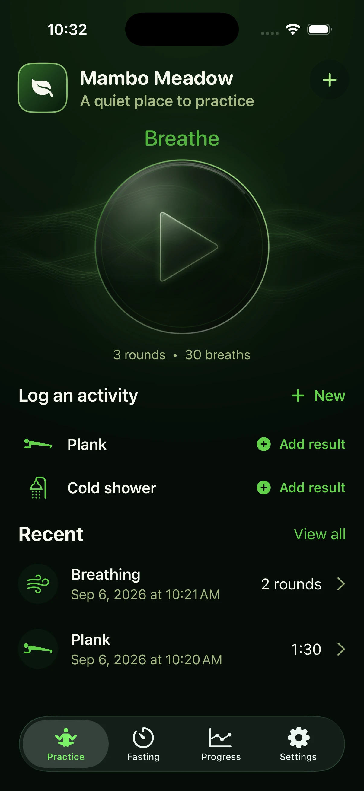 Actual Mambo Meadow Practice screen: guided breathing, Plank and Cold shower activities, and fictional example history